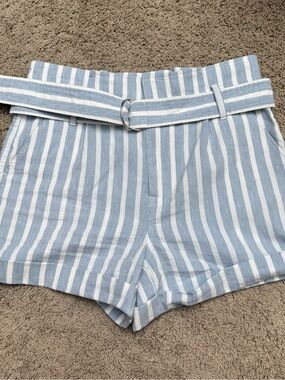 Frame Denim Blue & White Striped High-Waist Belted Shorts